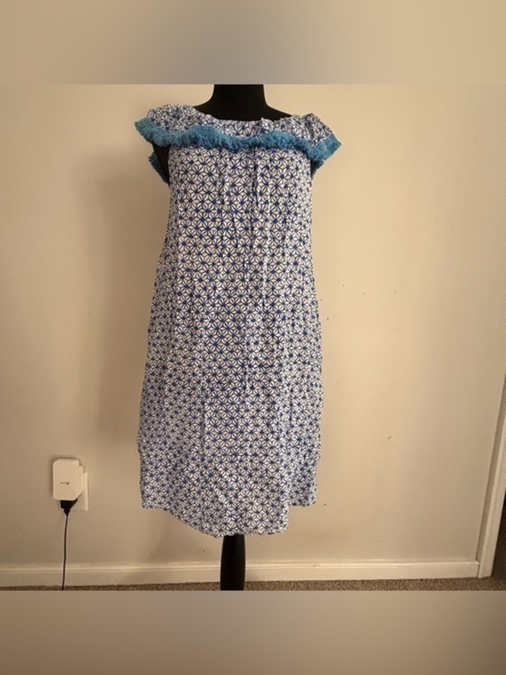 Roberta Roller Rabbit Blue Print Ruffle Dress XS Boho Mini Dress